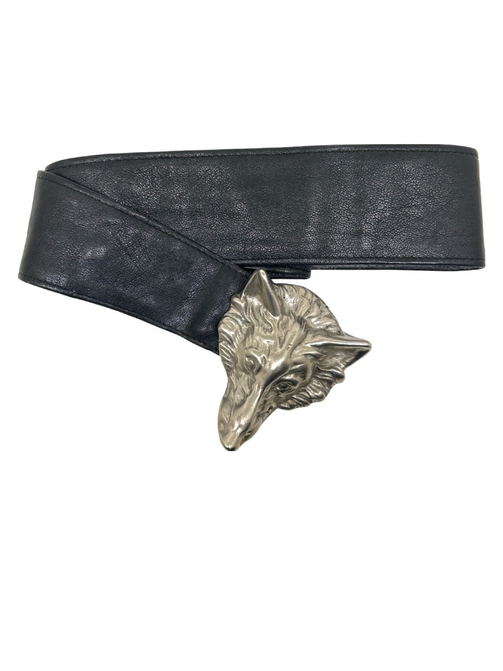 Women's Black Leather Belt with Pewter Wolf Head Buckle
